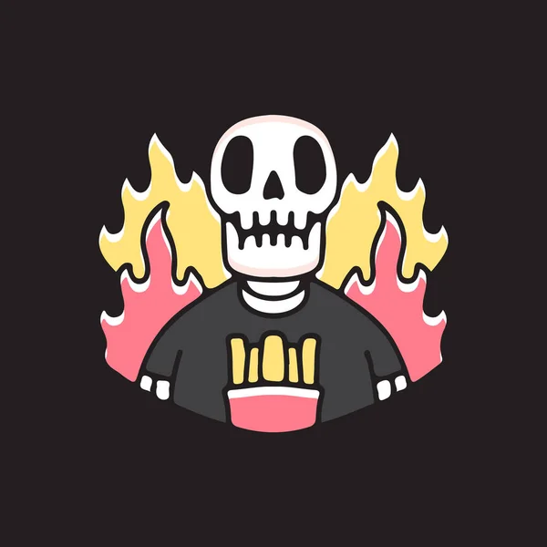 フライドポテトと一緒に火の上に頭蓋骨 Tシャツ ポスター ステッカー アパレル商品のイラスト — ストックベクタ
