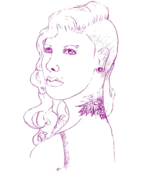 Mujer joven con piercing y tatuaje — Vector de stock