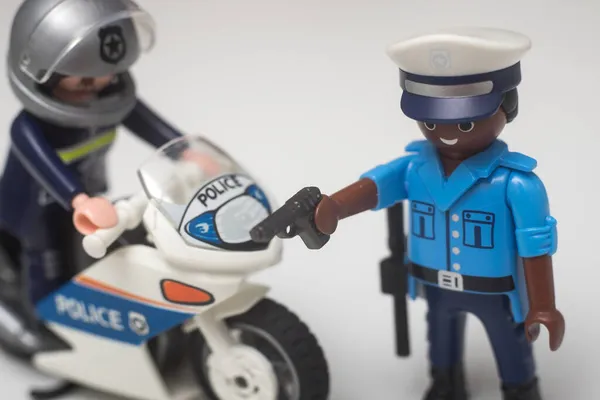 Mulhouse Francja Października 2021 Zbliżenie Kolekcji Figurek Policjantów Motocykli Playmobil — Zdjęcie stockowe