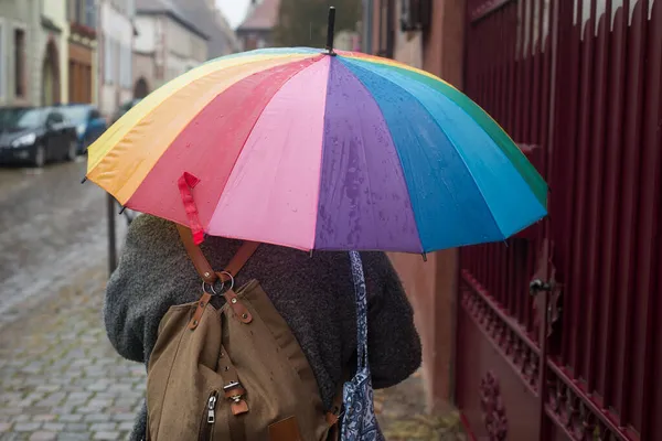 Portrét Zadní Pohled Ženy Kráčející Ulici Duhovým Deštníkem — Stock fotografie