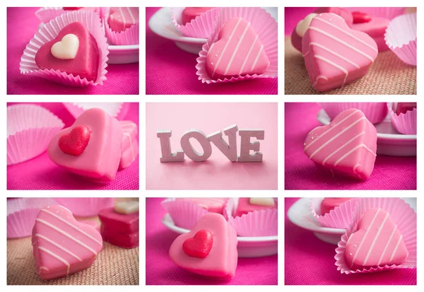 Collage Aus Rosafarbenem Herzgebäck Auf Rosa Hintergrund Zum Valentinstag — Stockfoto