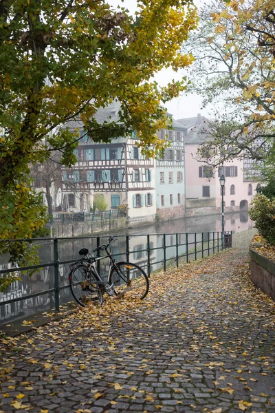 Strasbourg France November 2021 View Autumnal Trees Bicycle Border River — Stock Photo, Image