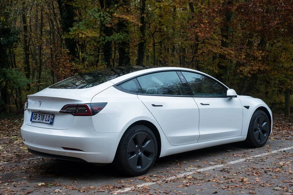 Мюлуз Франция Ноября 2021 Rear View White Tesla Car Famous — стоковое фото