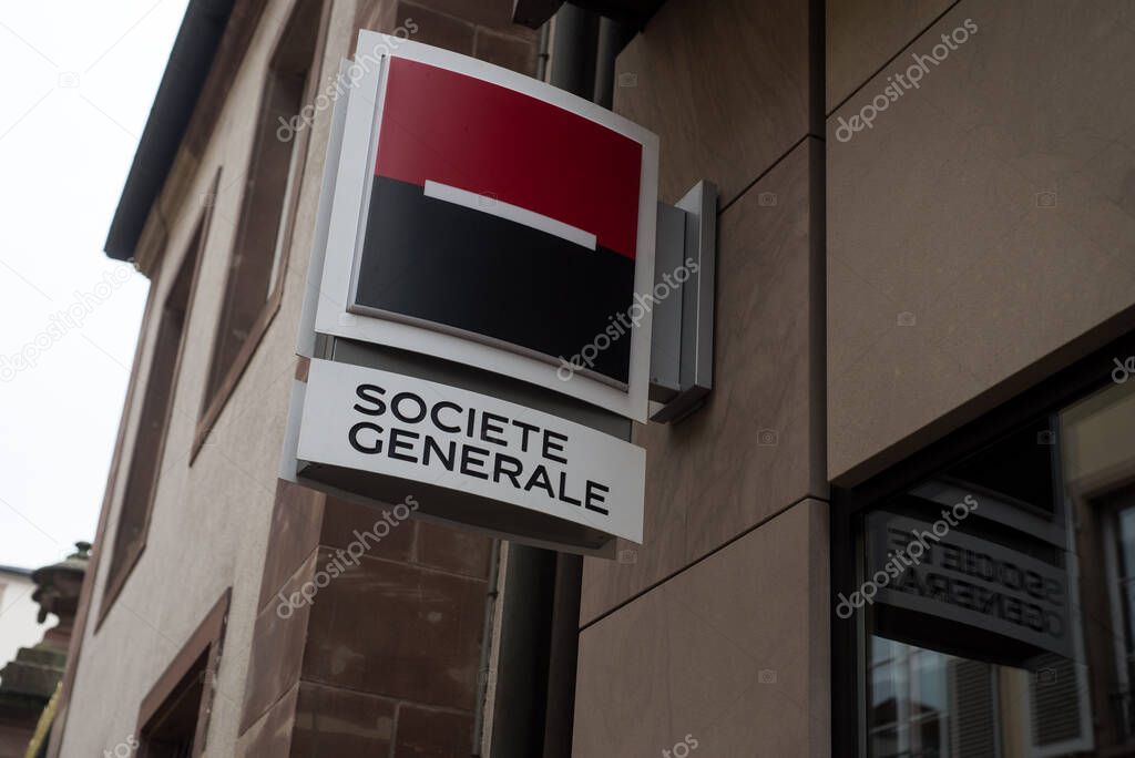 Strasbourg - France - 25 December 2021 - Closeup of societe generale sign on french bank agency facade in the street