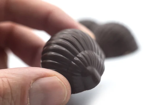 Крупним Планом Шоколадні Цукерки Руці Білому Тлі — стокове фото