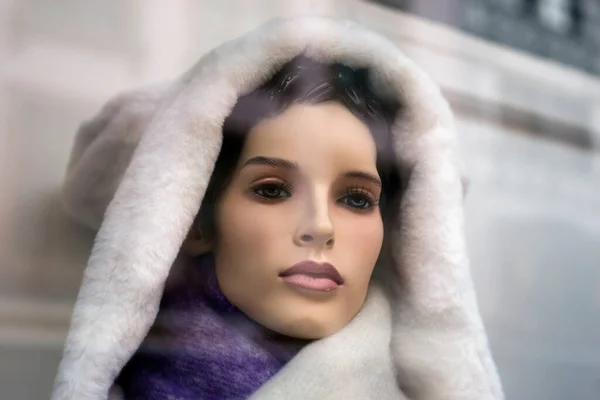 Detailní Záběr Zimního Kabátu Figuríně Módní Prodejně — Stock fotografie