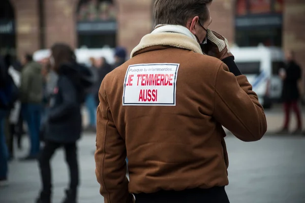 Strasbourg France January 2022 People Protesting Sanitary Pass Text French —  Fotos de Stock