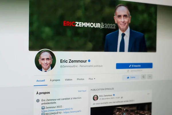 Mulhouse France January 2022 Closeup Facebook Home Page Eric Zemmour — 스톡 사진