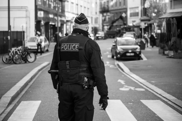 Mulhouse France January 2022 Portrait Back View French National Policeman — Stock Photo, Image