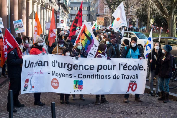 Mulhouse Francja Stycznia 2022 Grupa Nauczycieli Francuskich Protestujących Przeciwko Protokołowi — Zdjęcie stockowe