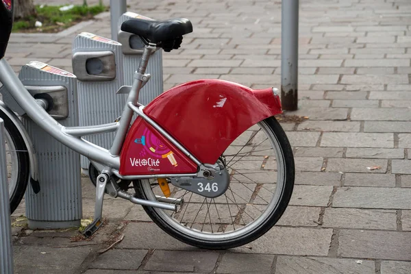 Mulhouse France January 2022 Closeup Red City Bicycle Sharing Parked — Stock Photo, Image