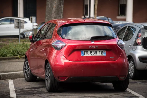 Mulhouse France February 2022 Rear View Red Renault Zoe Parked — 图库照片