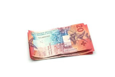 Mulhouse - Fransa - 8 Mart 2022 - İsviçre banknotları beyaz arka planda 20 frank yakın plan
