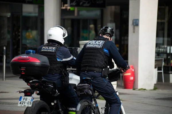 Mulhouse France Березня 2022 Портрет Французьких Муніципальних Поліцейських Мотоциклістів Вулиці — стокове фото
