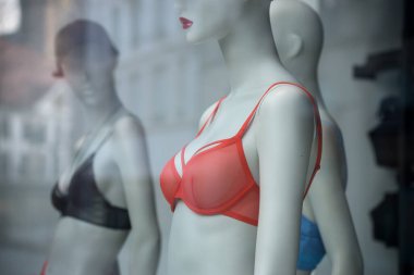 Moda mağazasının vitrininde turuncu sütyene yakın çekim.