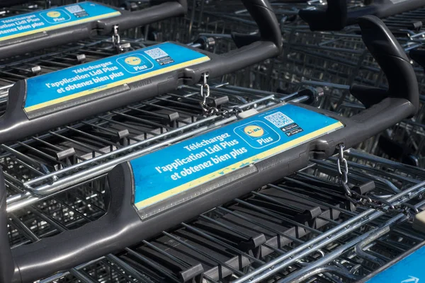 Mulhouse France May 2022 Closeup Lidl Trolleys Alignment Front Store — Photo