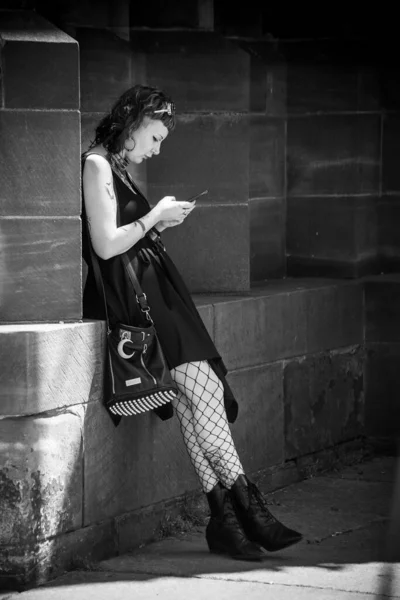 Strasbourg France May 2022 Portrait Gothic Girl Watching Her Smartphone — Stock Fotó