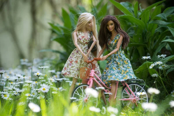 法国Mulhouse 2022年4月27日 在公共花园的自行车上穿着夏装的深褐色头发和金发芭比娃娃夫妇 — 图库照片