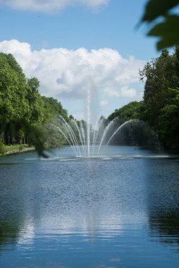Mulhouse - Fransa 'daki bir kamu bahçesinde göldeki su jeti manzarası