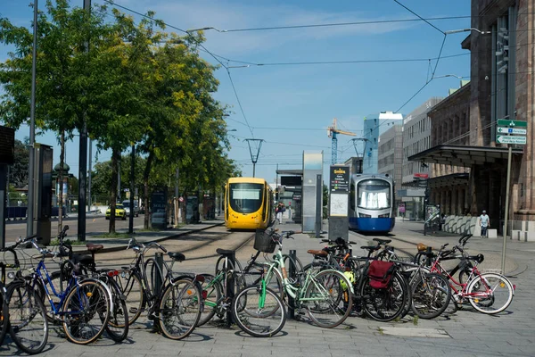Mulhouse France July 2022 Closeup Bicycles Tramway Parked Front Train — Foto Stock