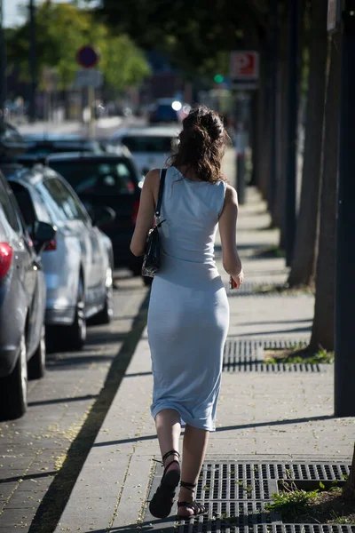 Mulhouse France July 2022 Portrait Back View Young Woman Walking — Stockfoto