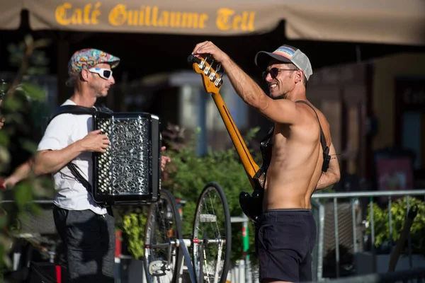 Mulhouse France July 2022 Portrait Musician Playing Electric Guitar Street — Stockfoto