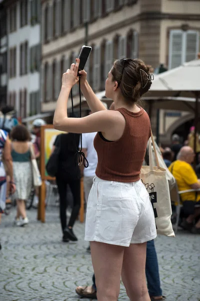 Strasbourg France July 2022 Portrait Back View Young Woman Taking — Stockfoto