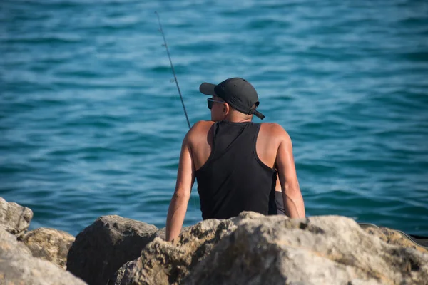 Valras France July 2022 Portrait Back View Fisherman Sitting Rocks — Photo