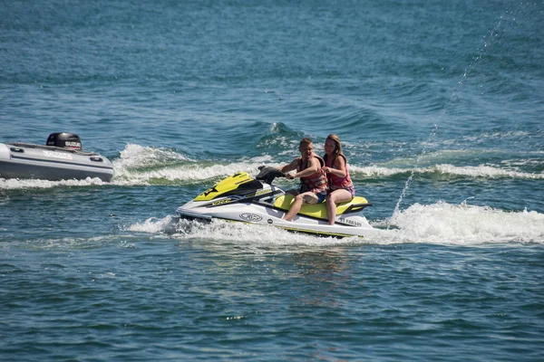 Valras France July 2022 Portrait Young Couple Sitting Jet Ski — Stockfoto