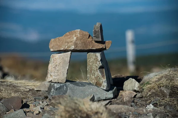 Closeup Stone Balance Shaped House Top Mountain — Foto de Stock
