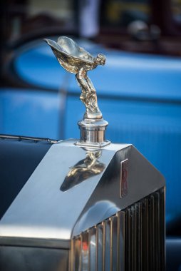 Mulhouse - Fransa - 9 Ekim 2022 - Sokakta park etmiş Rolls Royce logosuna yakın plan