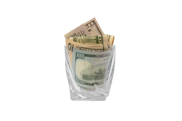 Pile Dollars Whiskey Glass White Isolated Background Retirement Savings Dollars — Stock Photo, Image