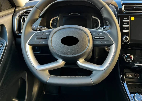 Interior Car Interior Steering Wheel Instrument Panel Computer Screen Automatic — Stock Photo, Image