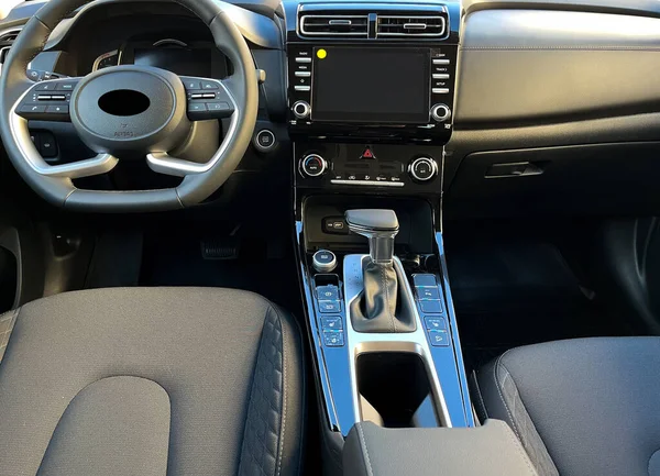 Interior Car Interior Steering Wheel Instrument Panel Computer Screen Automatic — Stock Photo, Image