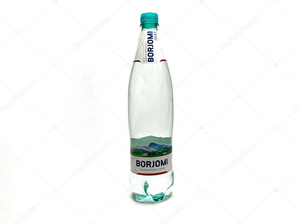 Grodno, Belarus - 12.23.2021: Borjomi mineral water extracted in Georgia, in the Borjomi Valley, located on the territory of the Borjomi-Kharagauli National Park