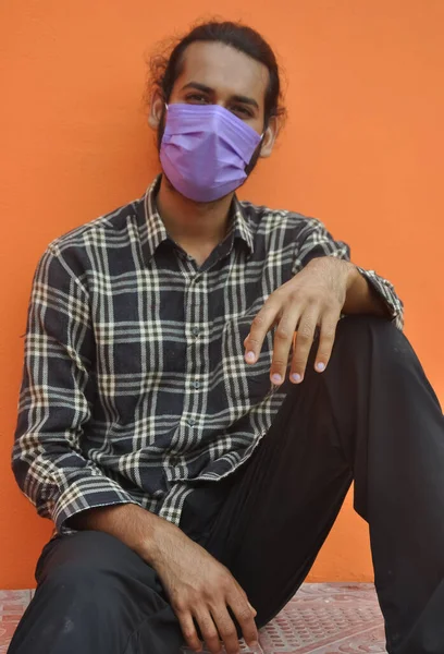 Front View Attractive Young Man Wearing Protective Face Mask While — Stok fotoğraf