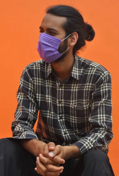 Front View Young Guy Hair Bun Wearing Protective Face Mask — Stok fotoğraf
