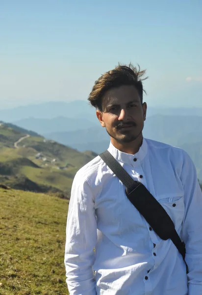 Front View Indian Young Guy Looking Camera While Standing Nature — Stock Photo, Image