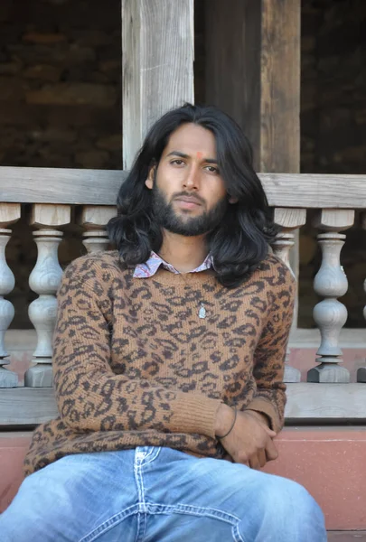 Front View Good Looking Indian Young Man Long Hair Style — Photo