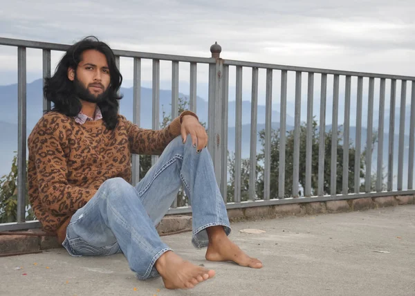 Good Looking Indian Young Man Long Hair Beard Looking Camera — стокове фото