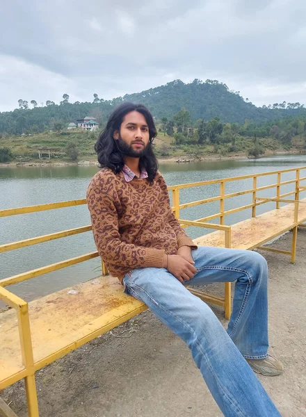 Good Looking Indian Young Man Long Hair Beard Looking Camera — Photo