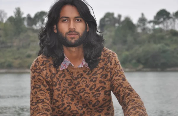 Close Attractive Indian Young Guy Long Hair Beard Looking Camera — Stockfoto