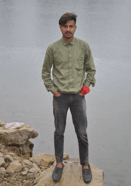 Full Length Young Guy Looking Camera Posing Hands Pocket While — Fotografia de Stock