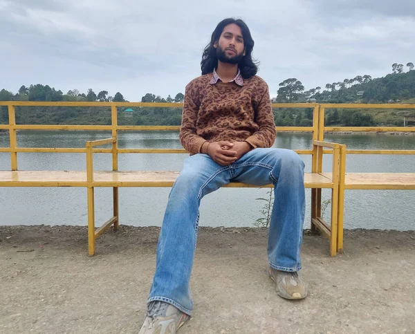 Front View Good Looking Indian Young Man Long Hair Beard — Stockfoto