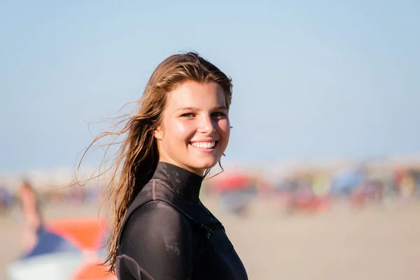 Portrait Kite Surfing Girl Smiling Swimsuit Kitesurf Beach Water Sports — Stock Fotó