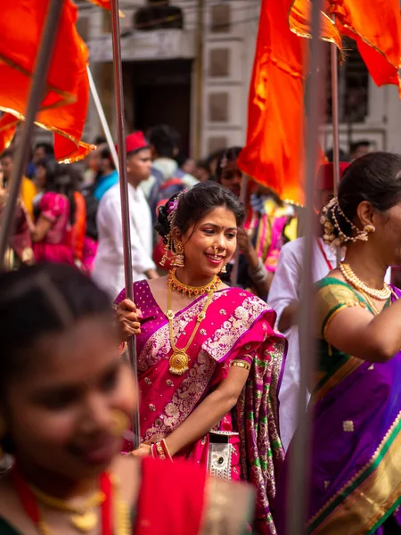 Mumbai India April 2022 Hindu New Year Parade Gudhi Padva — стоковое фото