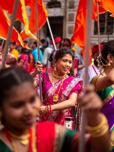 Mumbai India April 2022 Hindu New Year Parade Gudhi Padva — стоковое фото