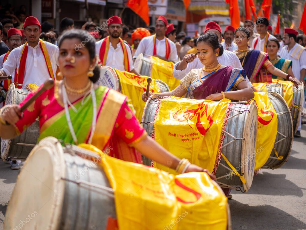 Mumbai, India April 02, 2022 Hindu New Year Parade, Gudhi Padva, is