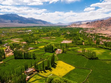 Ladakh 'ın güzel manzarası dağ sırasını ve gökyüzünü kaplıyor, Hindistan' ın en yüksek platosunu. Ladakh şehri manzarası. Ladakh 'ın panoramik görünümü.