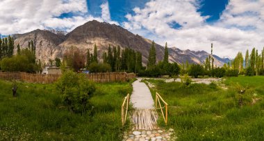 Nubra Vadisi 'ndeki güzel tatil köyü. Dağları ve gökyüzünü kaplayan Ladakh 'ın güzel manzarası, Hindistan' daki en yüksek plato..